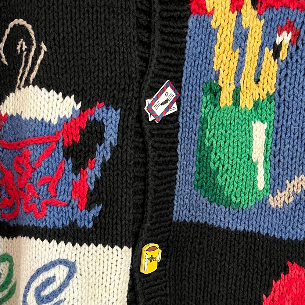 Black Knit Speciality Print Embroidered Workday Teacher Cardigan Sweater RARE - Picture 10 of 12